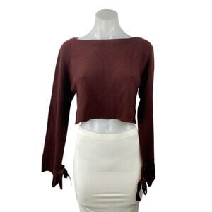 Aritzia Wilfred 100% Merino Wool Brown Knit Long Sleeve Crop Sweater Top Sz XXS